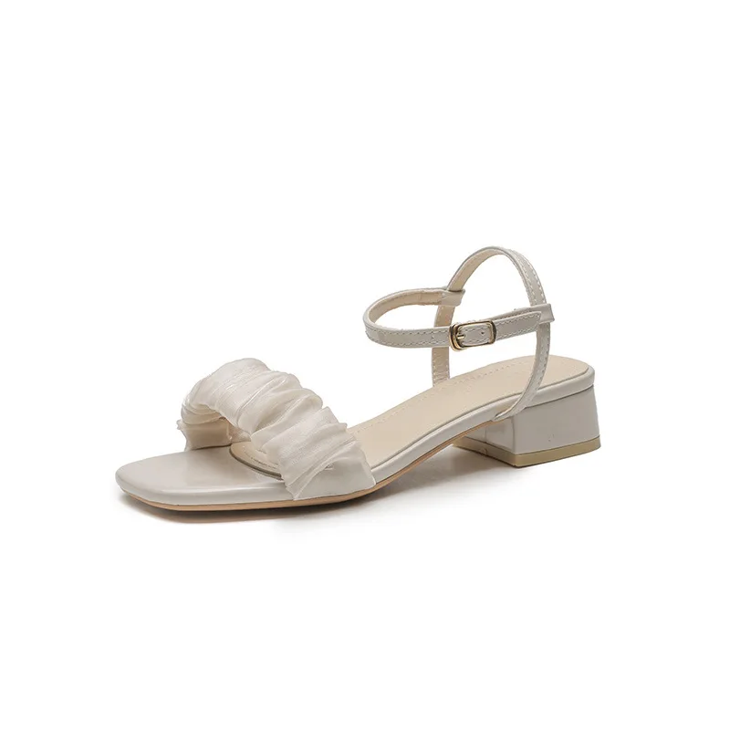 Sandal Lady New Summer Mid Heel Shoes Fairy Style Pleated Thick Heel Sandals Versatile One String Single Shoe Lady 41-6