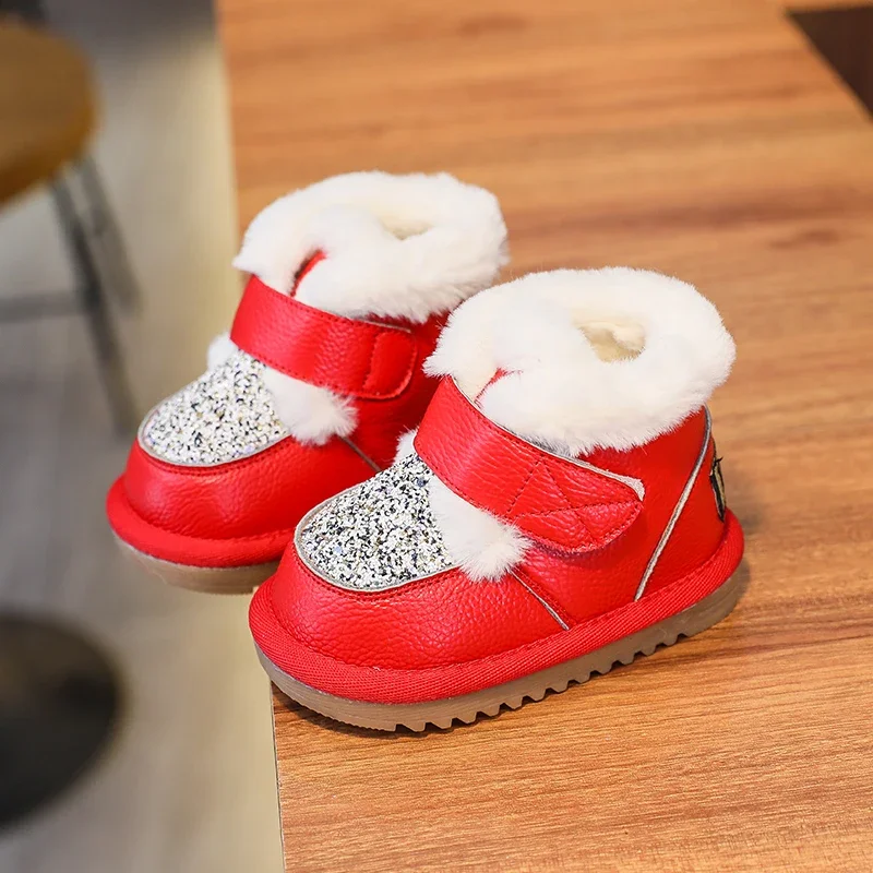 Baby Shoes Baby Boots Winter Snow Boots Winter Baby Girls Genuine Leather Boots Non-slip Plush Kids Snow Boots Infant Toddler Shoes Outdoor Sequins Children Shoes