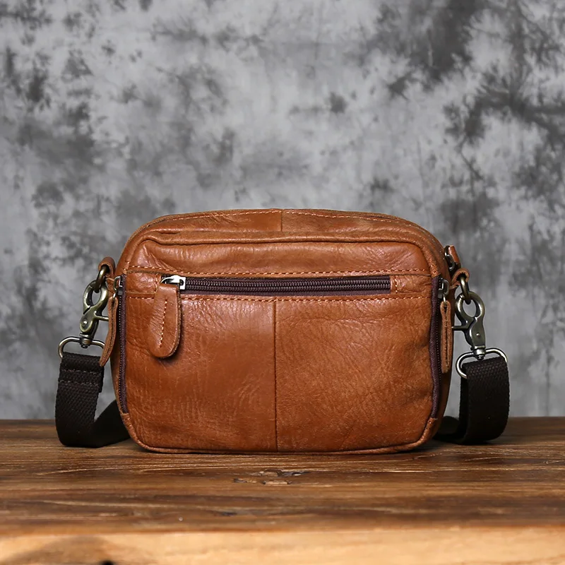 NZPJ Retro Genuine Leather Men's Shoulder Bag Casual Top Layer Cowhide Crossbody Bag Large Capacity  Men's Waist Bag