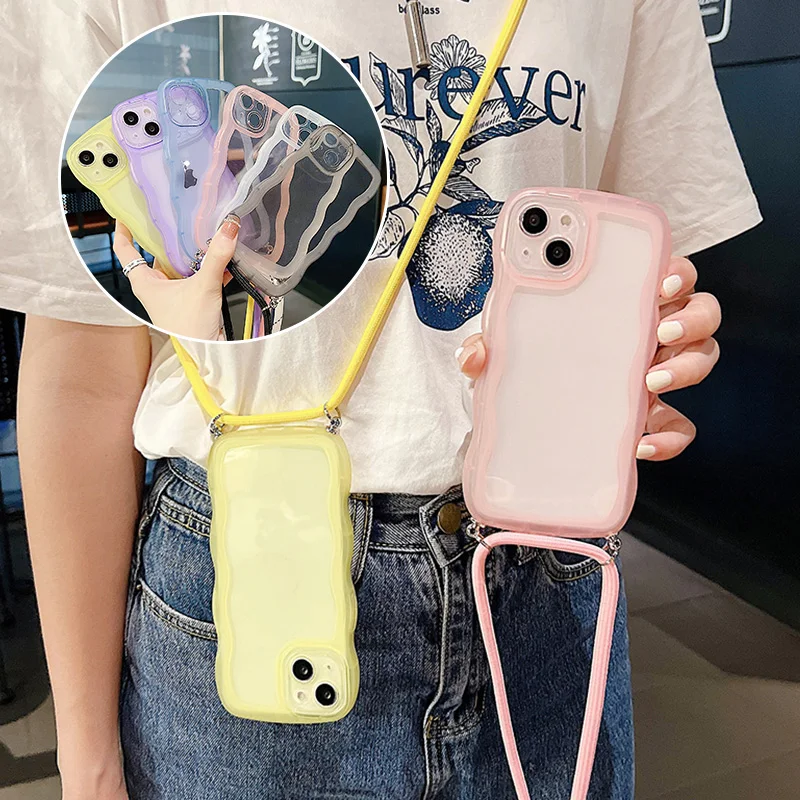 Wave Edge Translucent With Lanyard Phone Case For IPhone 17 16 15 14 Pro Max 13 12 11 Xr Xs 7 8 Plus SE2/SE3 TPU Soft Back Cover