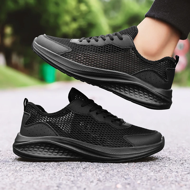 Herren Schnürschuhe aus Mesh und Leder mit Komfort-Einlagen, Atmungsaktiv, für Parkspaziergänge, mit Rebound-Sohle, Casual Sportschuhe