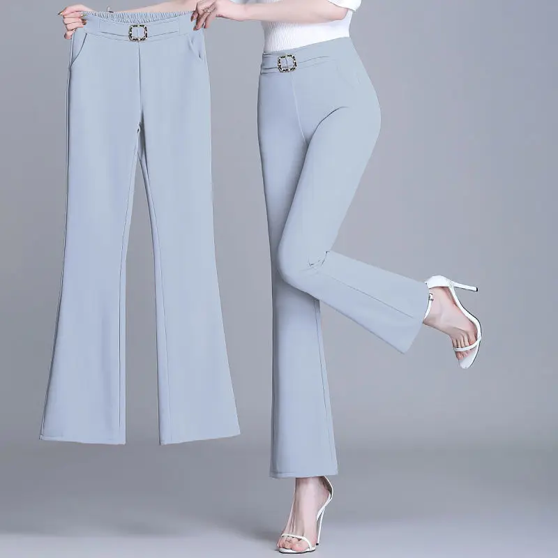 Office Lady Fashion Loose Solid Wide Leg Pants Women Spring Autumn High Waist Elastic Casual Flare Trousers 2022 Free Shipping