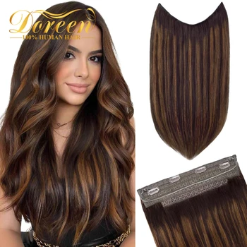 Doreen Thick Ends Halo Hair Extensions Balayage Brown Double Drawn European Human Hair with Fish Wire Clip In One Piece 5 clips