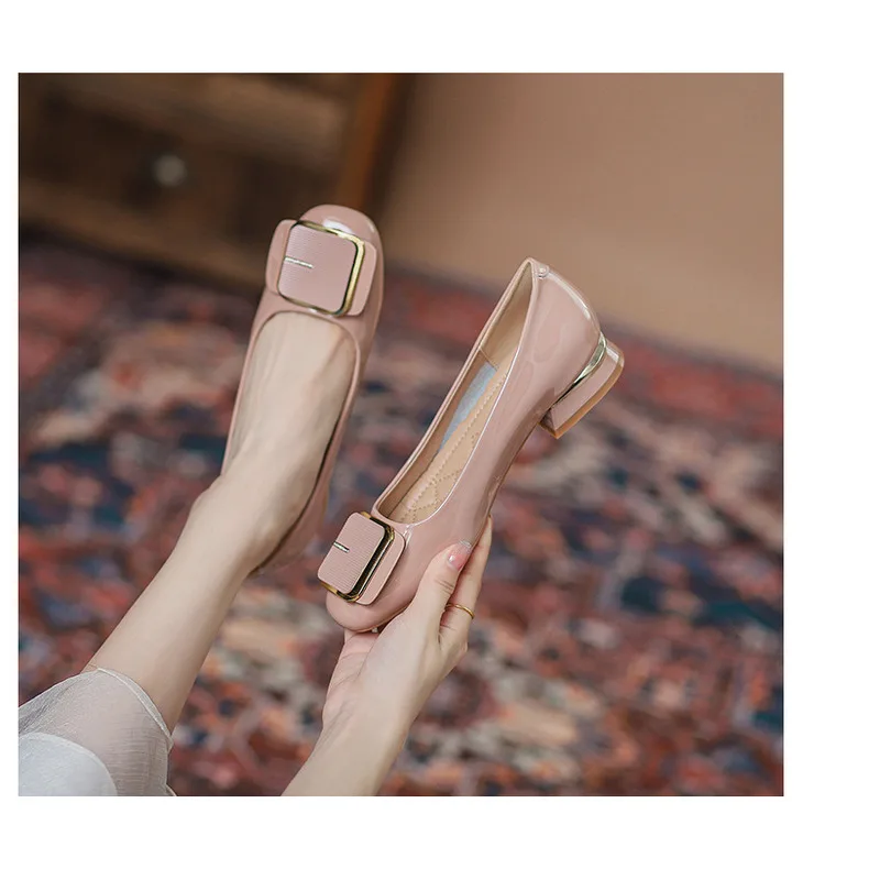 French Style Women's Flat Shoes Leather Square Toe Low Block Heel_voghion.com