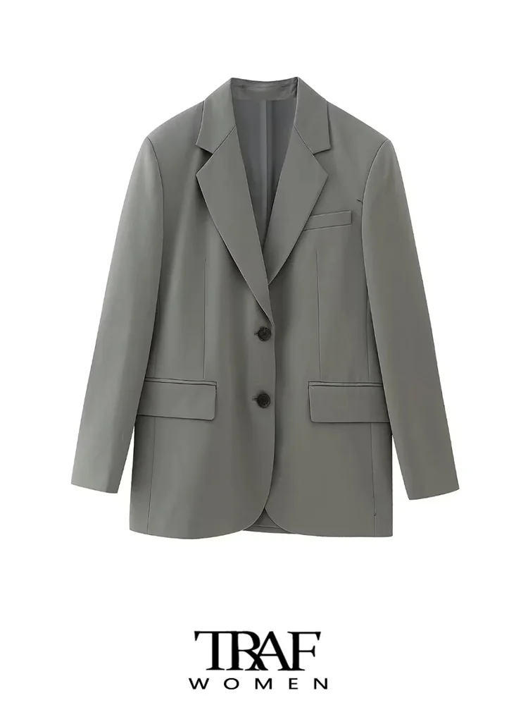 

TRAF Women Fashion Oversized Classic Blazers Coat Vintage Long Sleeve Flap Pockets Female Outerwear Chic Tops