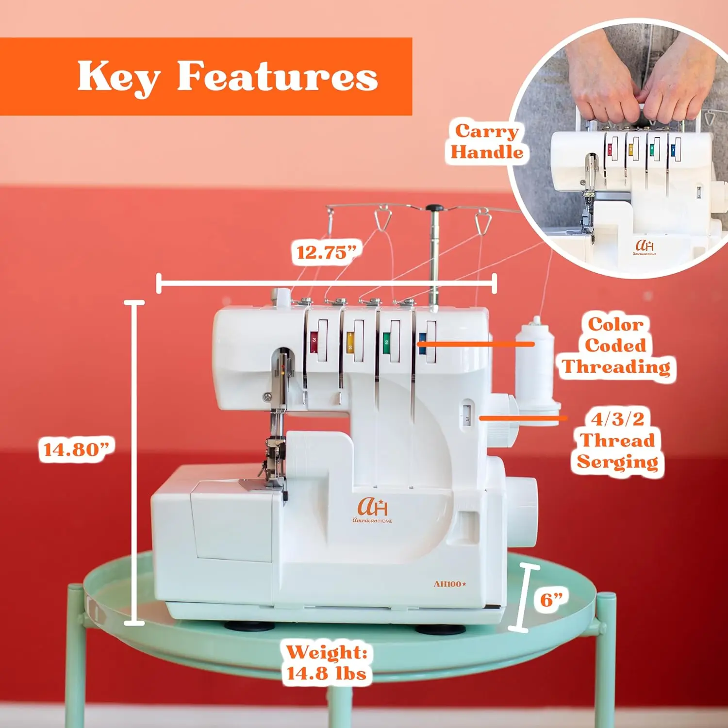 Serger Sewing Machine By American Home, Portable Stitching Machine Easy To Follow 4/3/2 Serger Thread With Differential Feed 3