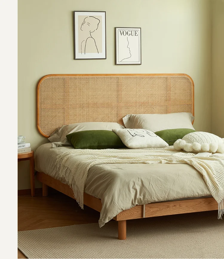Japanese-Style Retro Solid Wood Rattan Headboard Small Apartment Bed & Breakfast Bedroom Double Rattan Bed Cabecero