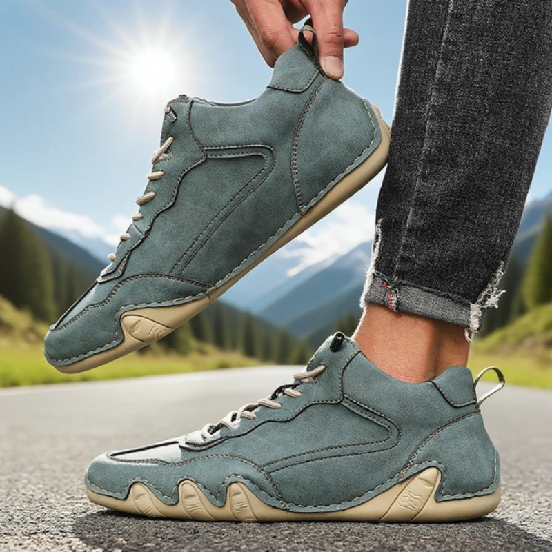 Causal Flat Shoe for Men Handmade PU Leather Comfortable Loafers Outdoor Soft Sole Hiking Shoe Breathable Moccasins Men Sneakers