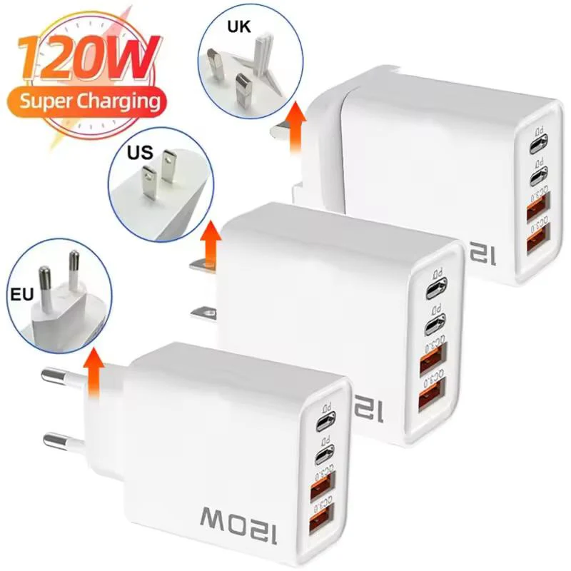 Fast Charging USB Type C Charger 120W 4 Port PD Quick Charge 3.0 For iPhone Samsung Xiaomi Huawei EU US UK Plug Phone Adapter