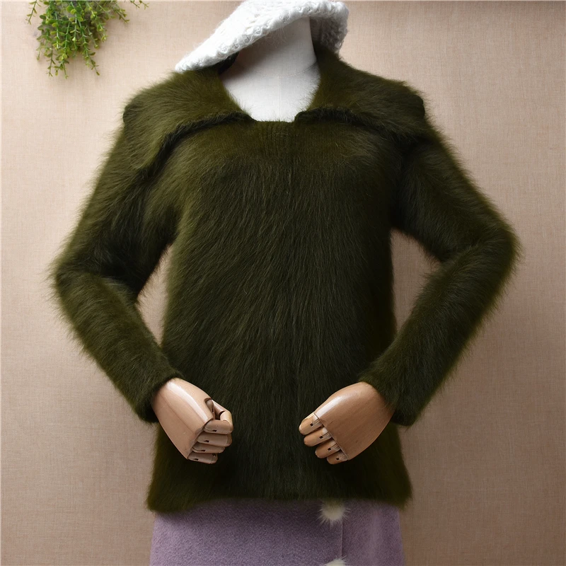 

Female Women Fall Winter Clothing Hiary Green Mink Cashmere Knitted Turn-Down Neck Slim Blouses Pullover Jumper Sweater Pull