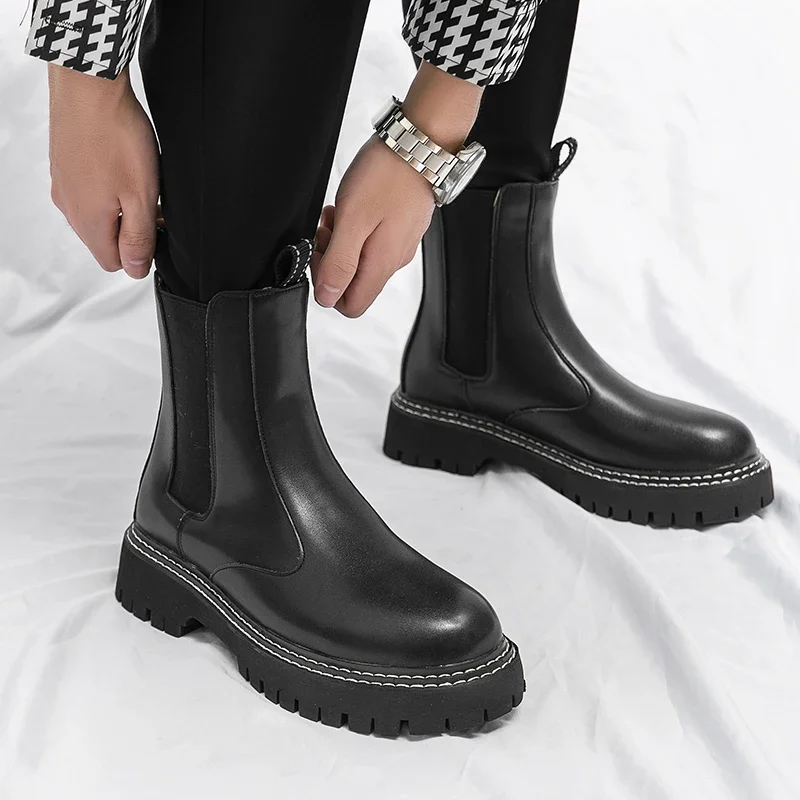 

Men Round Head Chelsea Boots Mens Sleeve Heels Ankle Boots Male Leather Shoes Design Men's Dress Shoes Handmade Business Boots