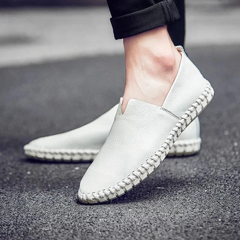 

Men Loafers Leather Shoes Casual Moccasins Breathable Men Driving Flats Plus Thin Soles Leather Shoes off white shoes