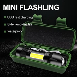 Mini Portable  Flashlight LED+COB Fishing Torch Zoomable Focus Light Rechargeable Tactical Lamp Camping Hiking Emergency Lantern