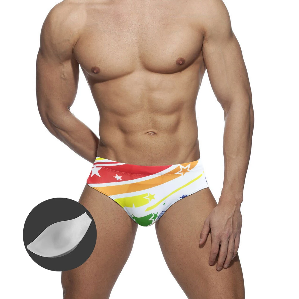 

New Men's Swim Trunks With Push Pads Europe America Fashion Sexy Rainbow Star Print Swim Trunks Summer Beach Surfing Sports