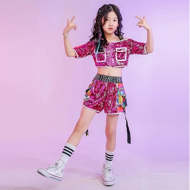 

Costumes For Kids Jazz Ballroom Dancing Clothes Wear Hip Hop Clothes For Girls Sequins Rose Shirt Tops Short Pants Carnaval