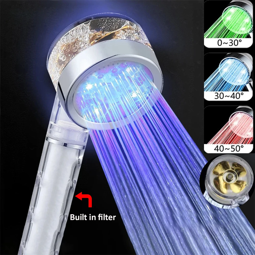 

3/7 Colors LED Filter Shower Head Turbo Propeller Temperature Control Shower Head Pressure Water Saving Handheld Bathroom Shower