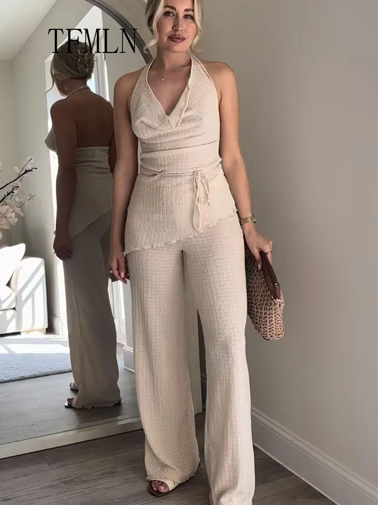 TFMLN 2025 Women Causal Halter Top Pant Sets Summer Fashion Asymmetrical Backless Camis Top Elastic Waist Straight Pant Outfits