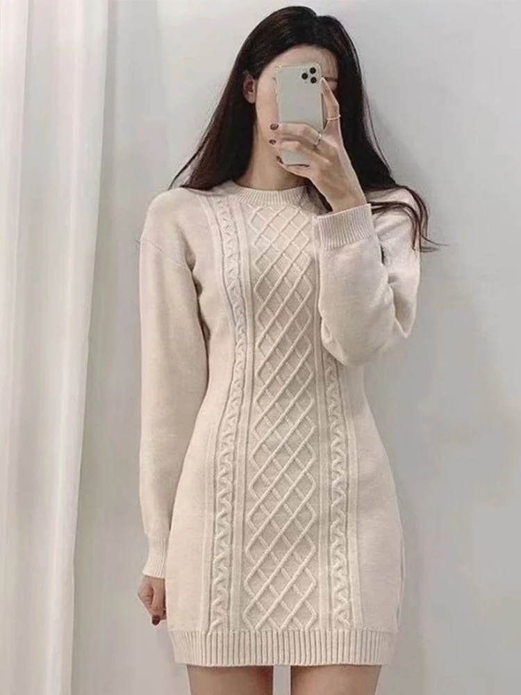 

Женское Трикотажное короткое платье, повседневный облегающий свитер с круглым вырезом, Осень-зима