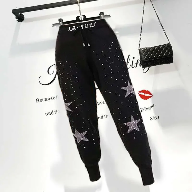 2021 Autumn New Women's Korean Version of The Nine-point Lace-up Stretch Black Hot Diamond Pants High-waisted Harem Sweatpants