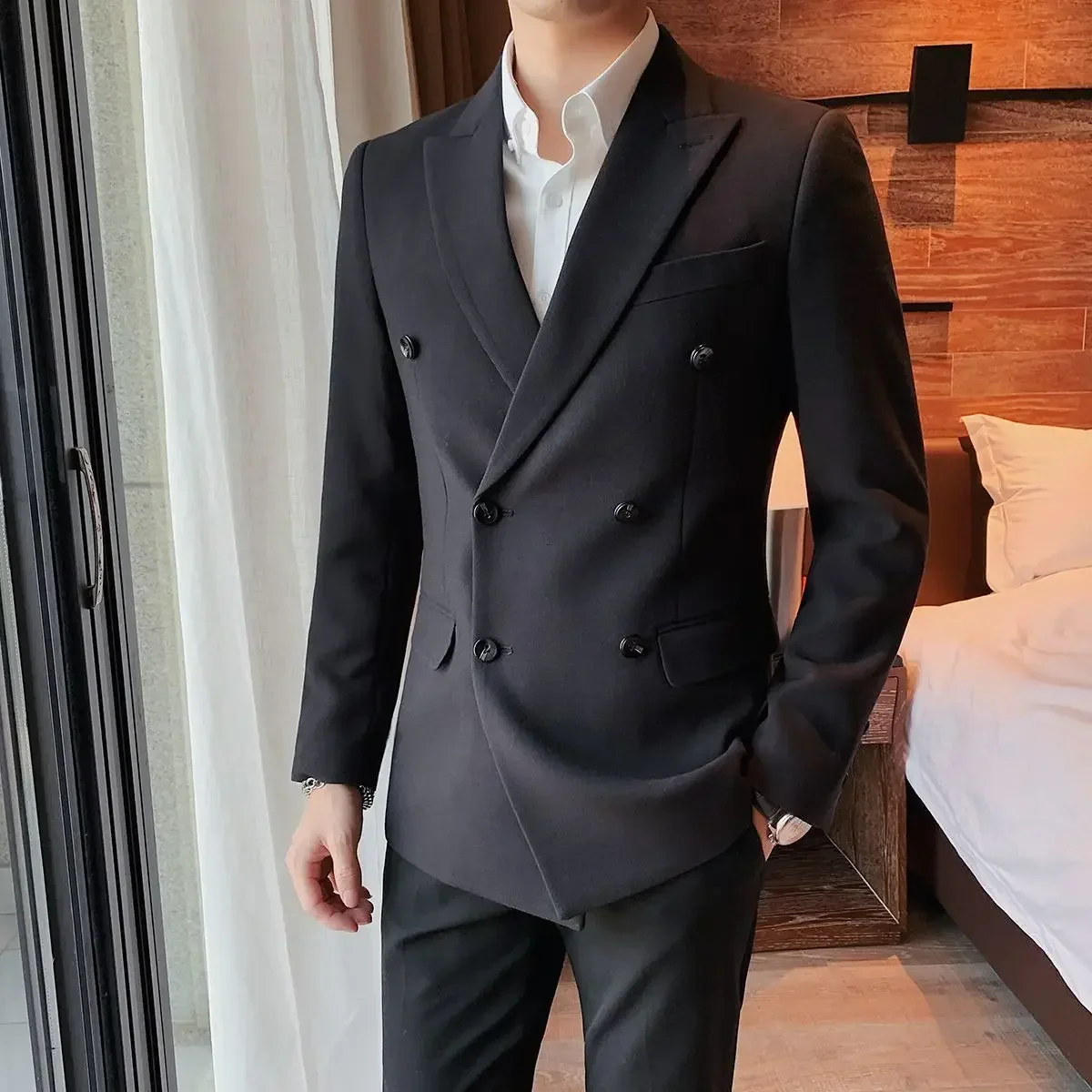 thumbnail image 1 of Chaqueta para hombre, chaquetas de vestir, abrigos, doble botonadura, trajes y blazers negros para hombre de negocios, ropa sencilla y nueva en estilo coreano 2024, 1 of 5