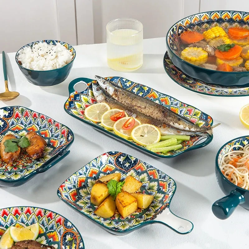 Ceramic Tableware Rice Salad Round Dish Dinner Plate Bowl Dinnerware Set microwave safe W4829