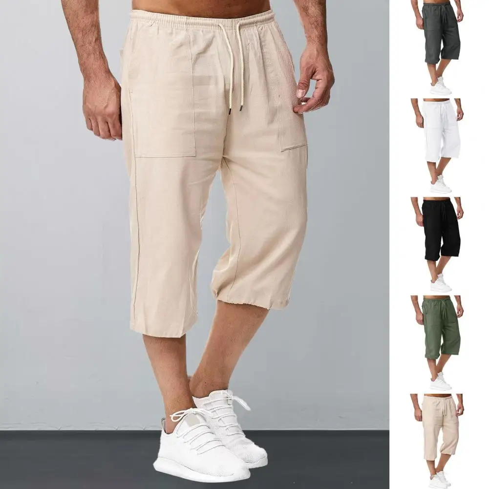 

Casual Solid Color Trousers Men's Mid-rise Elastic Drawstring Wide Leg Pants with Pockets for Summer Streetwear Cropped Trousers