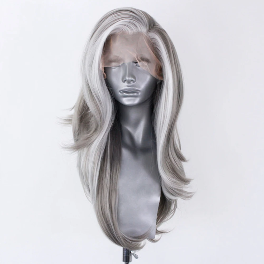 AIMEYA Synthetic Lace Front Wig Highlight White/Gray Lace Wigs for Women Natural Wave Wig Grey Cosplay Wigs Heat Resistant Fiber