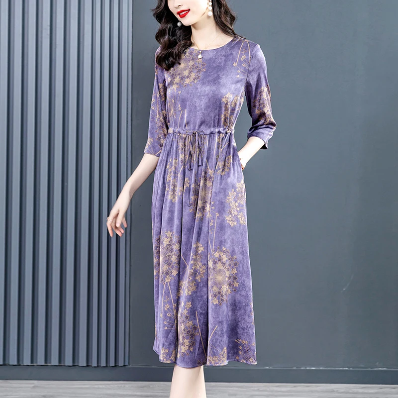 

2023 New Fashion Silk Dress Women's Summer Versatile 3/4 Sleeve Printed Knee Length Dress Korean Loose Tight Party Dress Vestido