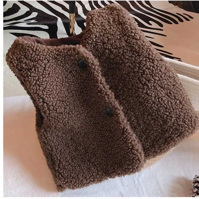 한국어 스타일 가을 겨울  ??소녀 조끼 베이지 브라운 민소매 모피 코트 싱글 브레스트 조끼 아동 Outwears