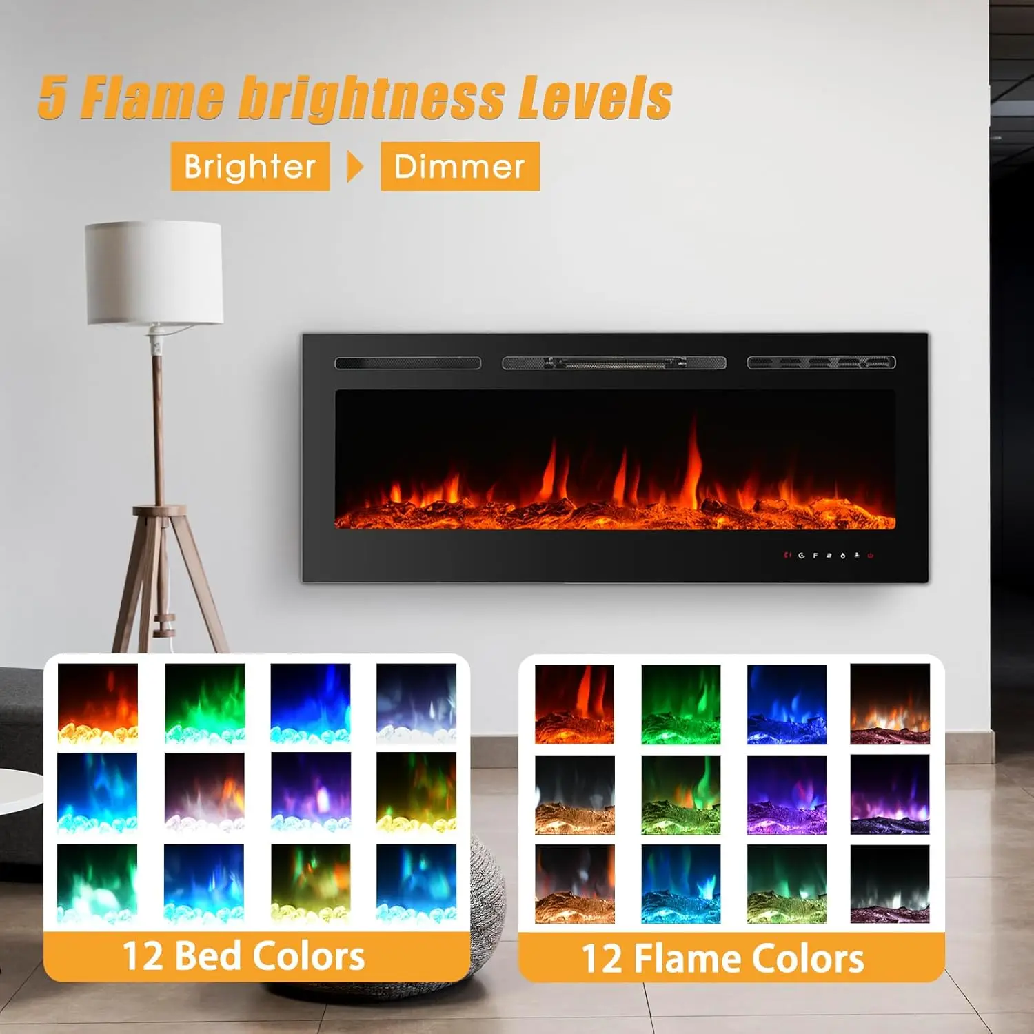 Fireplaces-60 Inch-Recessed and Wall Mounted Fireplace- Insert Heater LED Fire Place-Remote Control & Touch