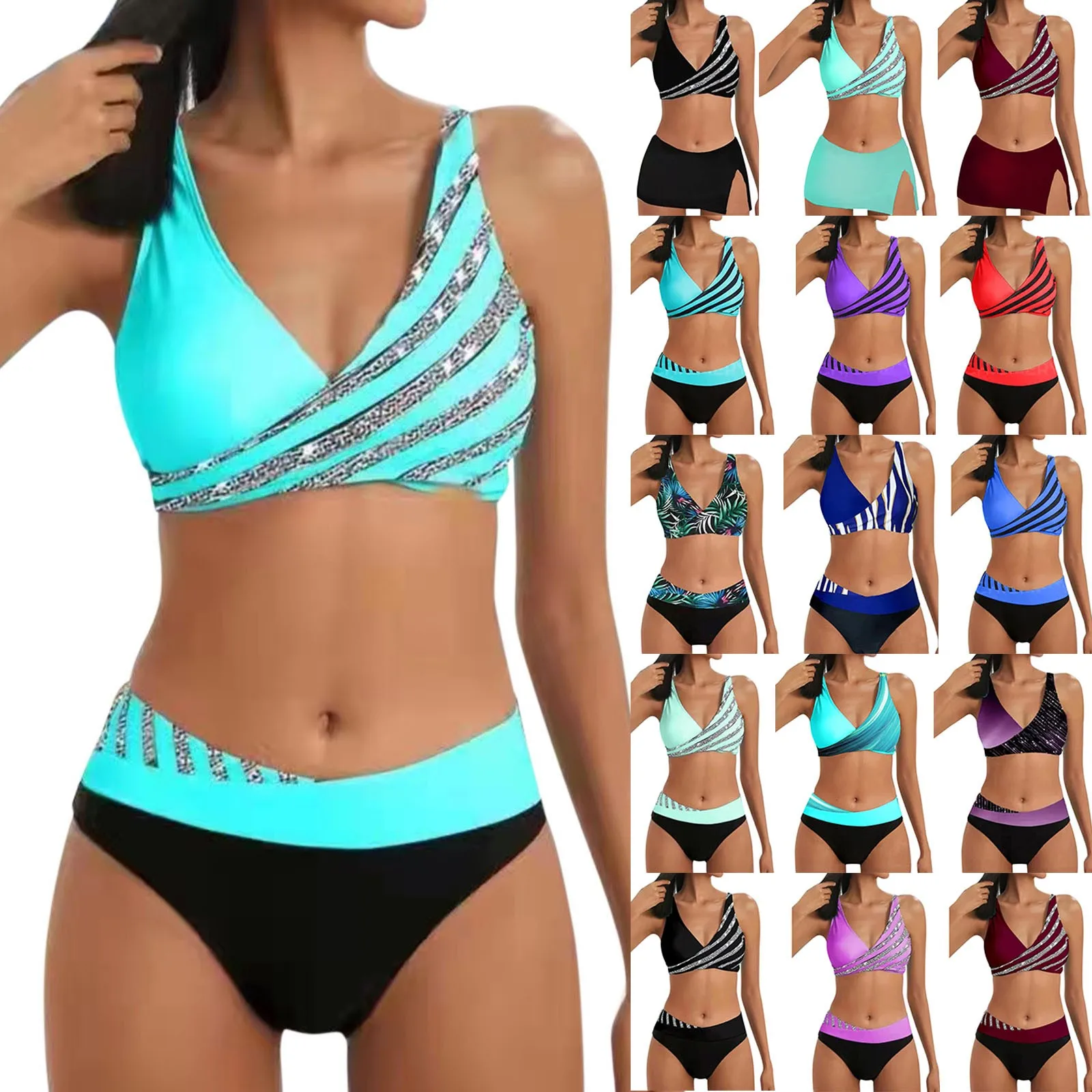 

Women's High Waisted Bikinis Two Pieces Set Mixed Colors Sexy Push Up Plus Size Swimsuit 2024 Summer Beachwear Bathing Suits