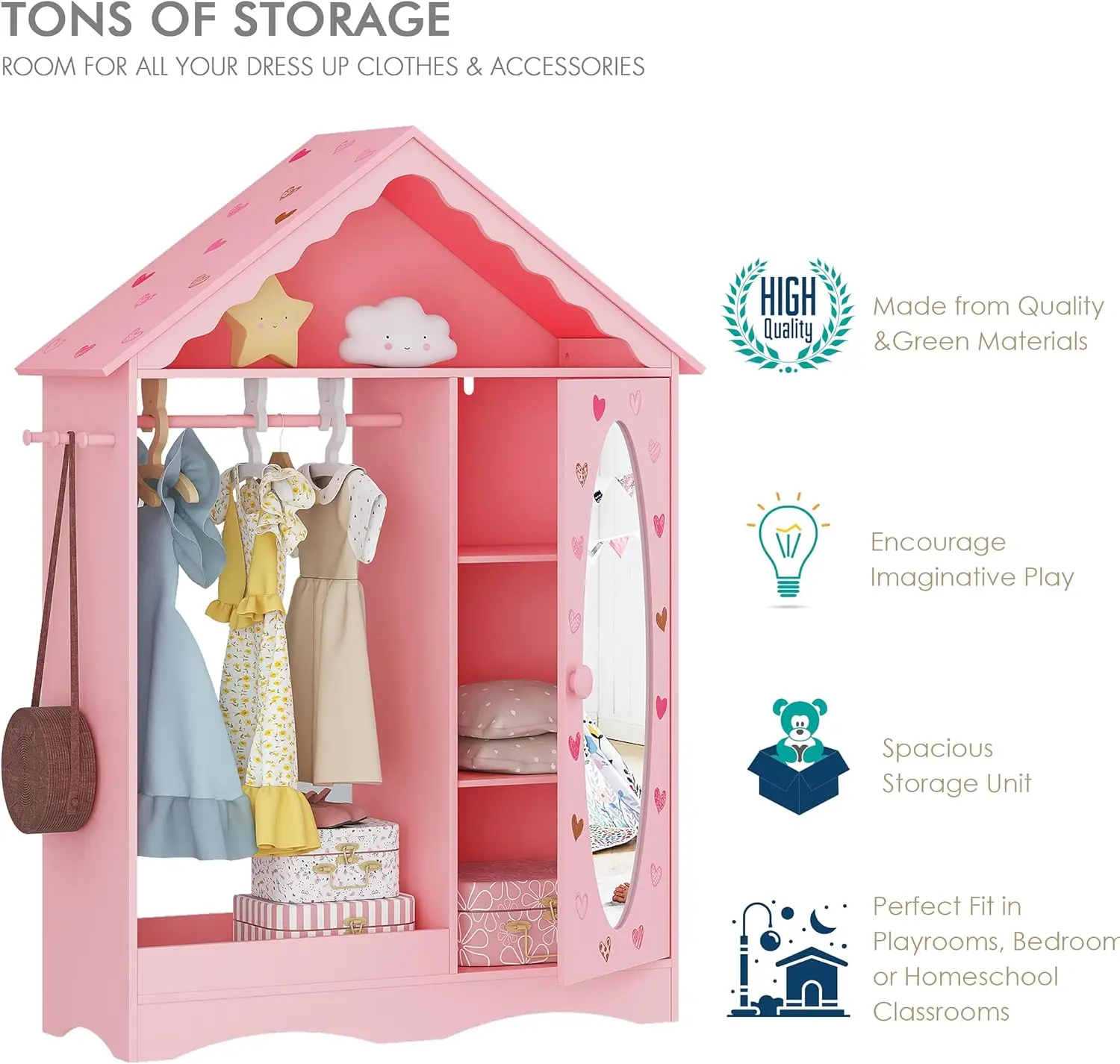 UTEX Kids Dress Up Storage with Mirror, Kids Wardrobe Closet, Dress Up Armoire for Little Girls, Open Hanging Costume Organ
