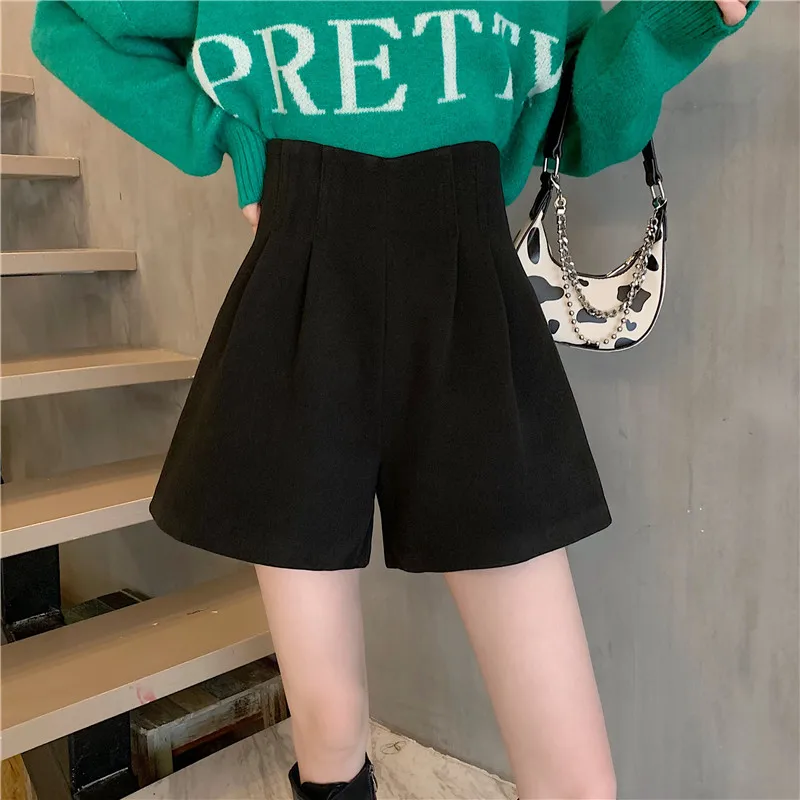 

2024 Spring Autumn Women Fashion Solid Color Casual Shorts Female High Waist Loose Ladies Woolen Wide-leg Short Pants U772