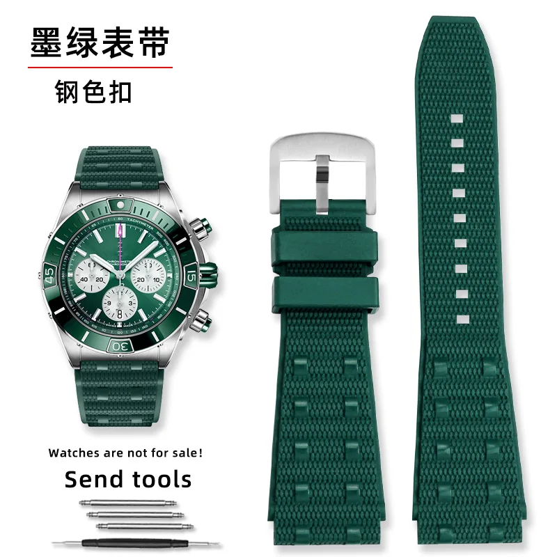 Premium Rubber Watch Strap - Durable Fluororubber in Black & Blue, 22mm/24mm