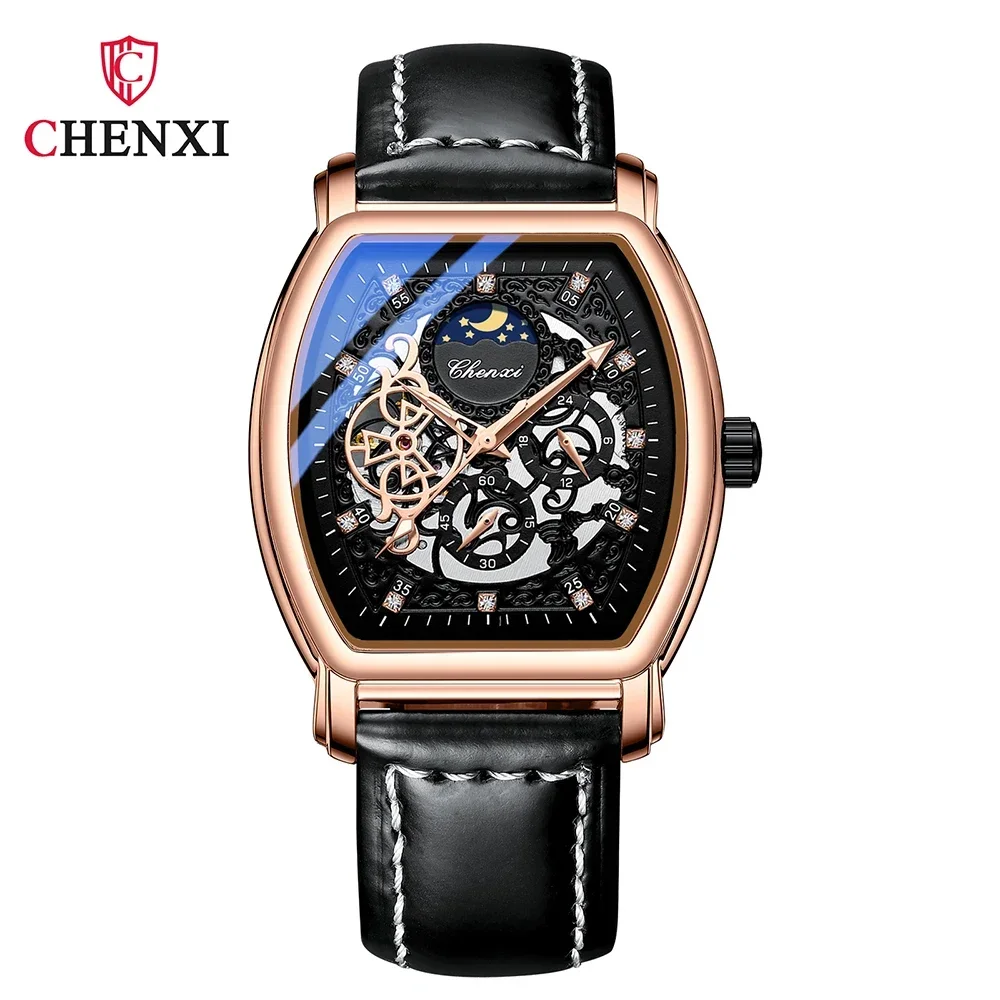 

Fashion Tonneau Tourbillon Watch Men Skeleton Watches CHENXI Moon Phase Automatic Mechanical Wristwatches Men Reloj Hombre