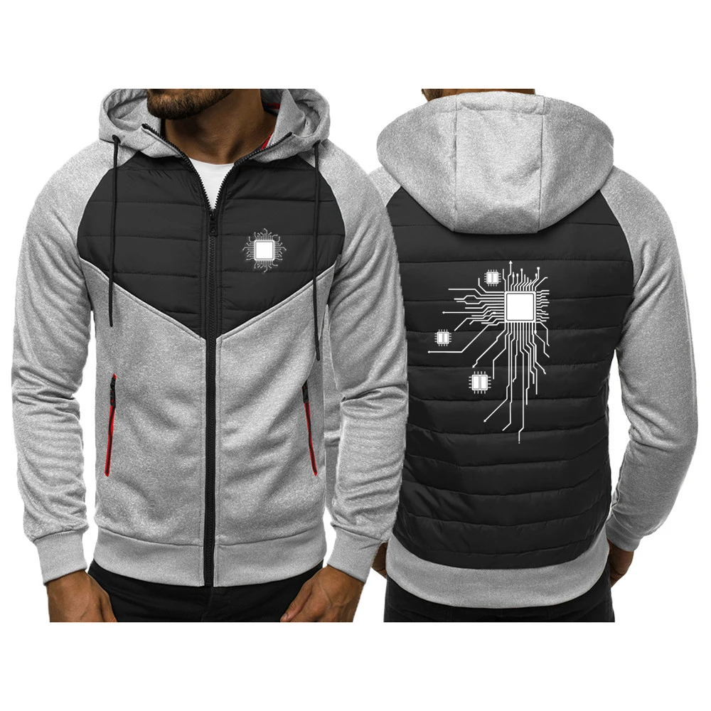 2023 CPU Processor Circuit Diagram New Tricolor Hooded Jacket Spring Autumn Men Casual Slim Patchwork Zipper Coat Long Sleeve