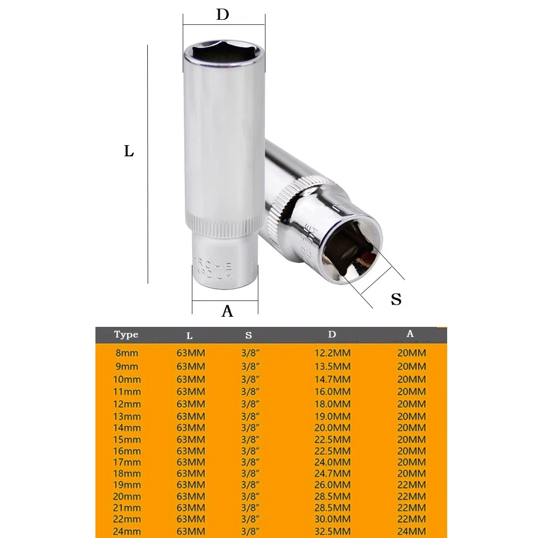 1PC 3/8inch Deep Socket Adapter Medium Fly Hex Long Sleeve Wrench Heads Chrome Vanadium Steel Ratchet Wrench Adapter 8-24mm images - 6