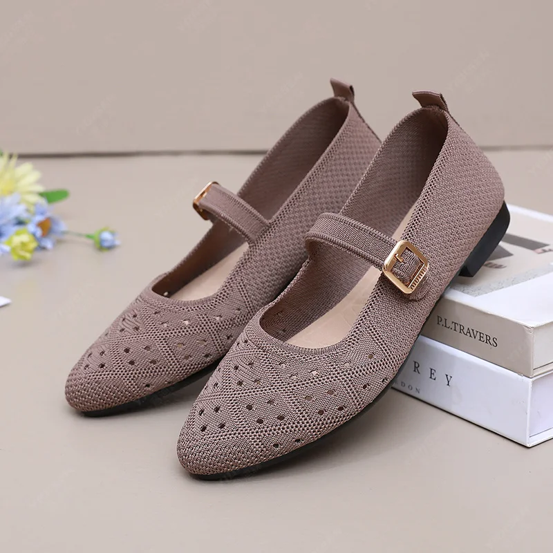 Women Pointed Toe Flat Shoes Solid Color Knitted Slip on Shoes