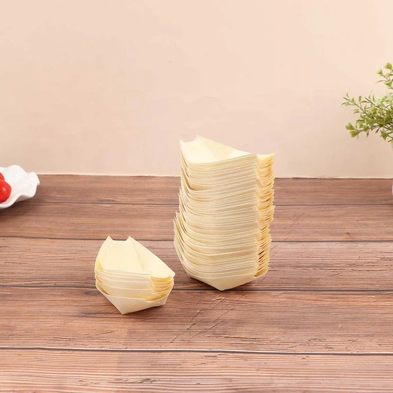 3.5in Disposable Wooden Boat Plate 50Pcs Sushi Wood Boat Sushi Salad Dessert Bowl Pine Wood Bowl
