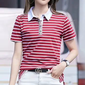 여성용 반팔 티셔츠, 줄무늬 티셔츠, 버튼 폴로 넥 셔츠, 골프 합성 V, 칼라 코튼, 귀여운 의류
