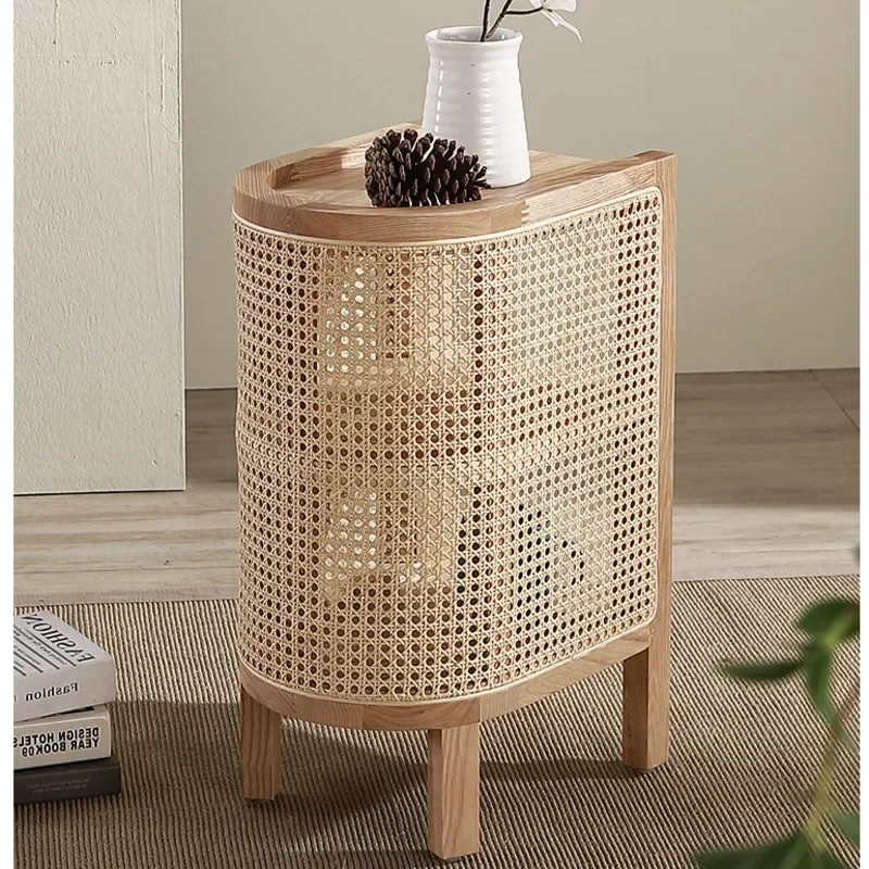 Japanese Bedside Table Rattan Woven Wood Bedroom Furniture Double-layer Structure Nightstand Table Versatile Scene Side