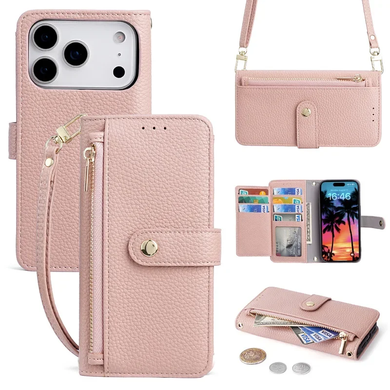Zipper Wallet Leather Flip Phone Case with Card Holder and Crossbody Lanyard Strap
