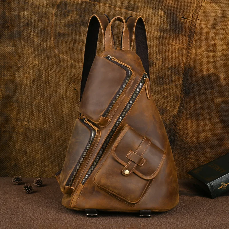 Vintage Crazy Horse Leather Backpack for Men Large Cowhide Rucksack with Multiple Pockets, Retro Travel Bag