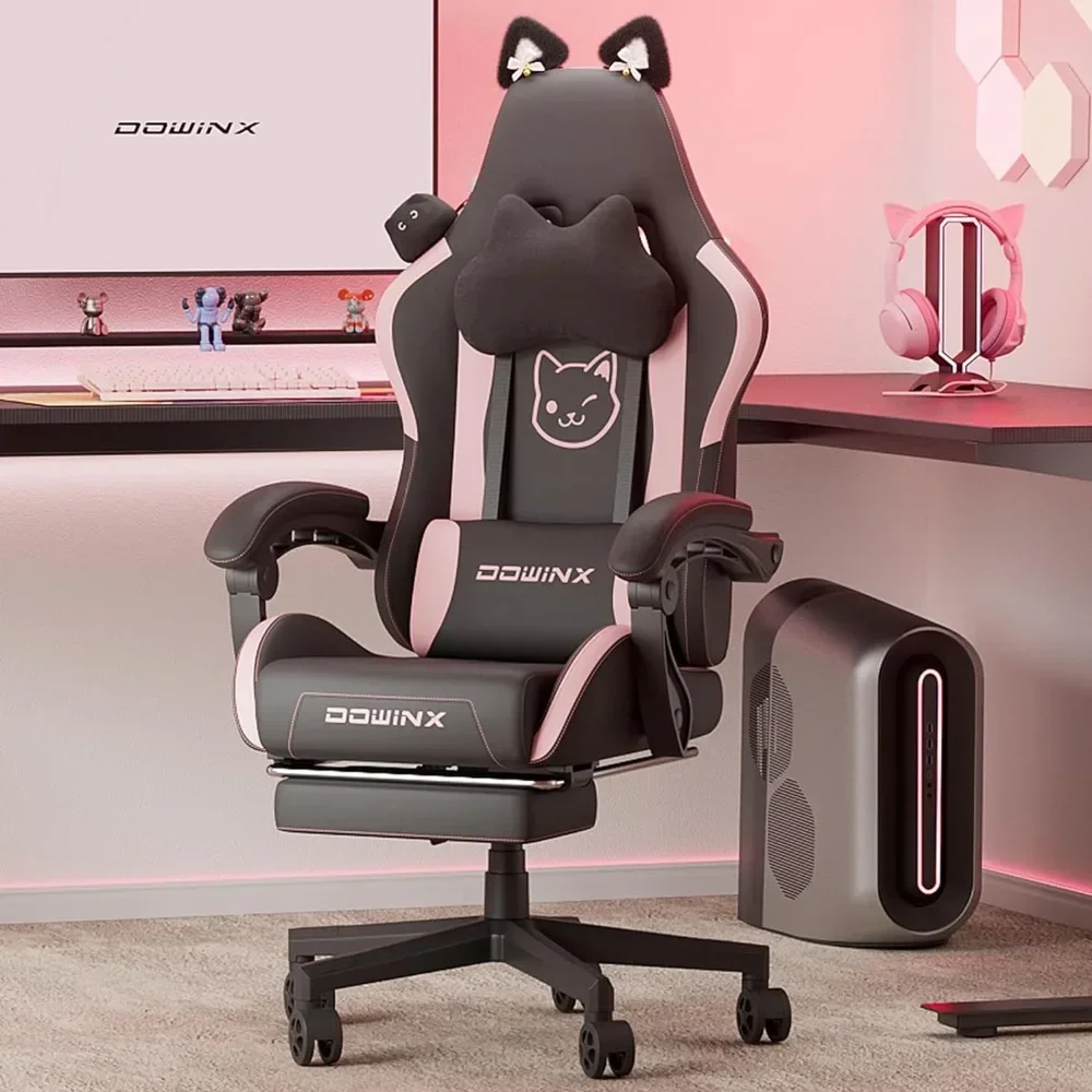 

Gaming Chair Cute with Cat Ears and Massage Lumbar Support, Ergonomic Computer Chair for Girl with Footrest and Headrest