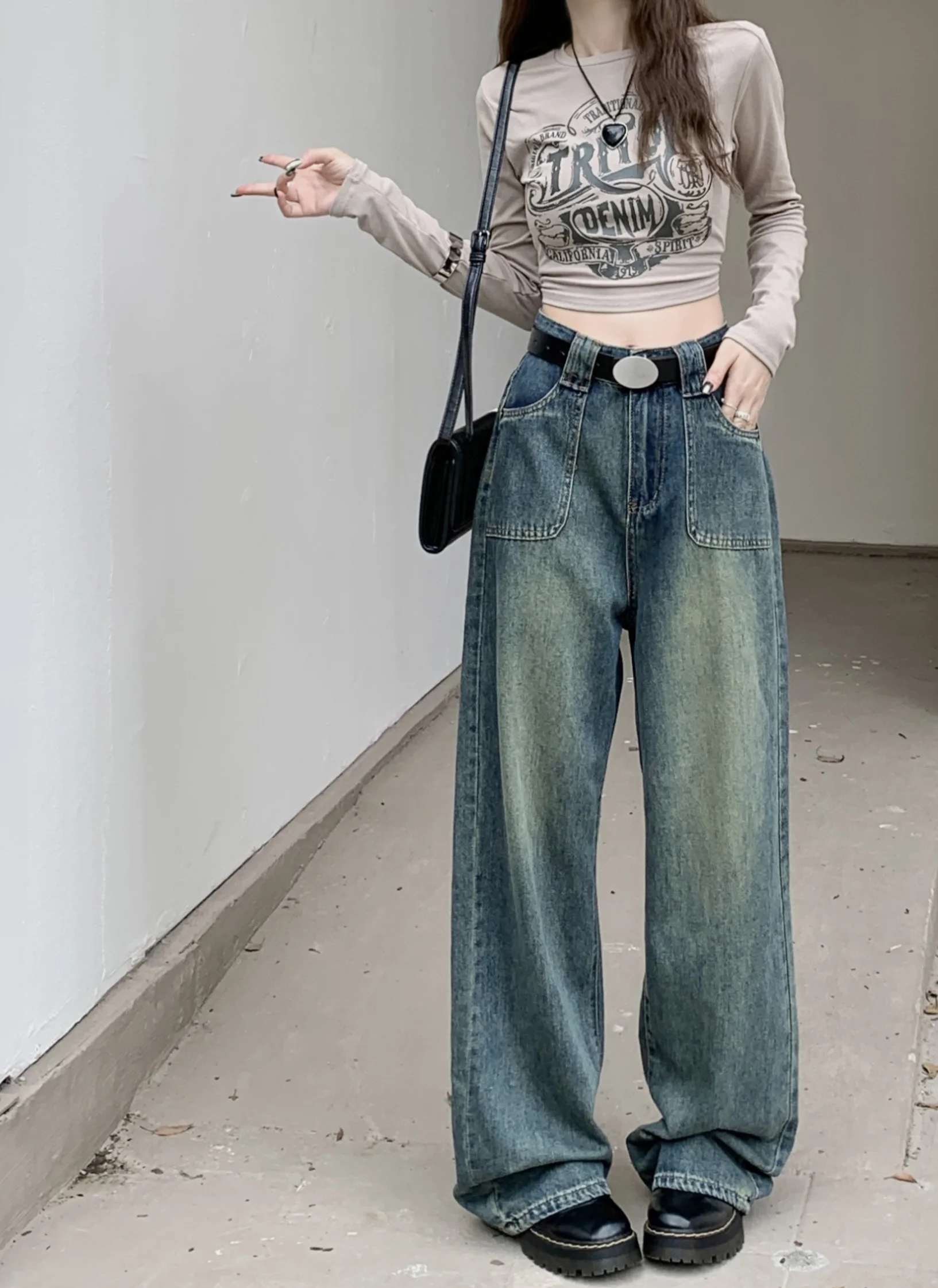 weiyao retro design blue ladies jeans y2k straight and thin loose high waist wide leg mopping high street pants autumn 2021 American Blue High Waist Jeans Women's Autumn Casual Straight Wide Leg Pants Loose And Versatile Floor Dragging Denim Pants