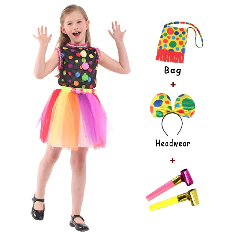 

Carnival Variety Children Funny Clown Costumes With Headwear Girl Joker Cosplay Party Dress Up Clown Suits