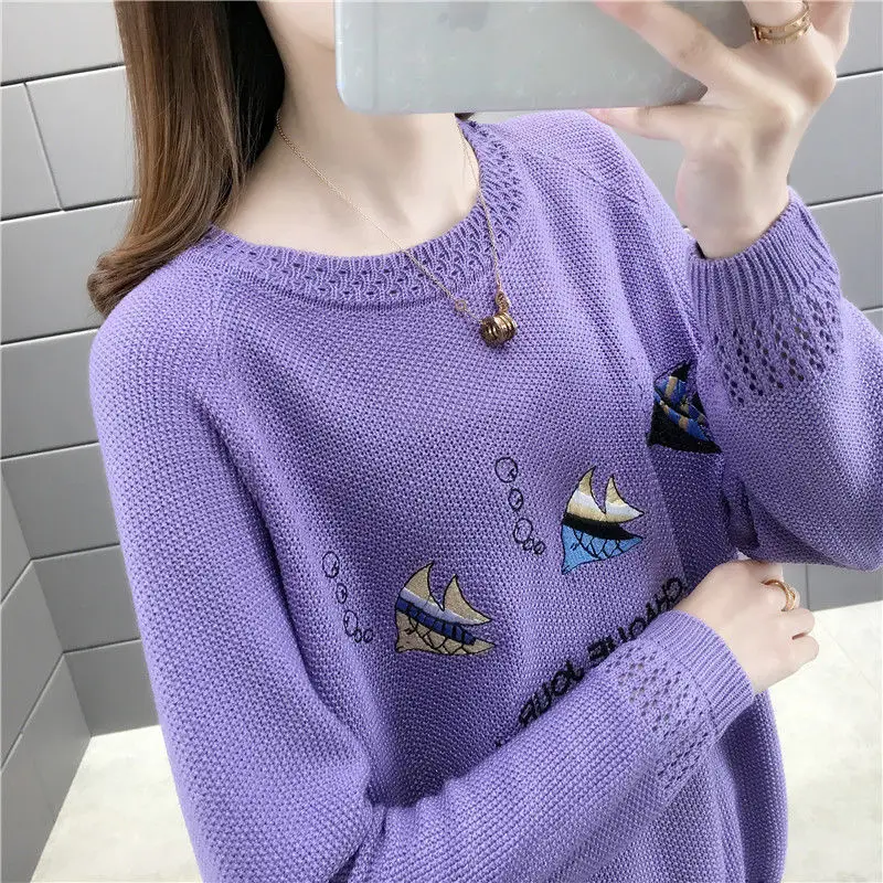 

Korean Autumn Fashion Knitted Women Pullover Tops Female Small Fish Printed Knit Sweaters Long Sleeve Warm Casual Loose Jumper