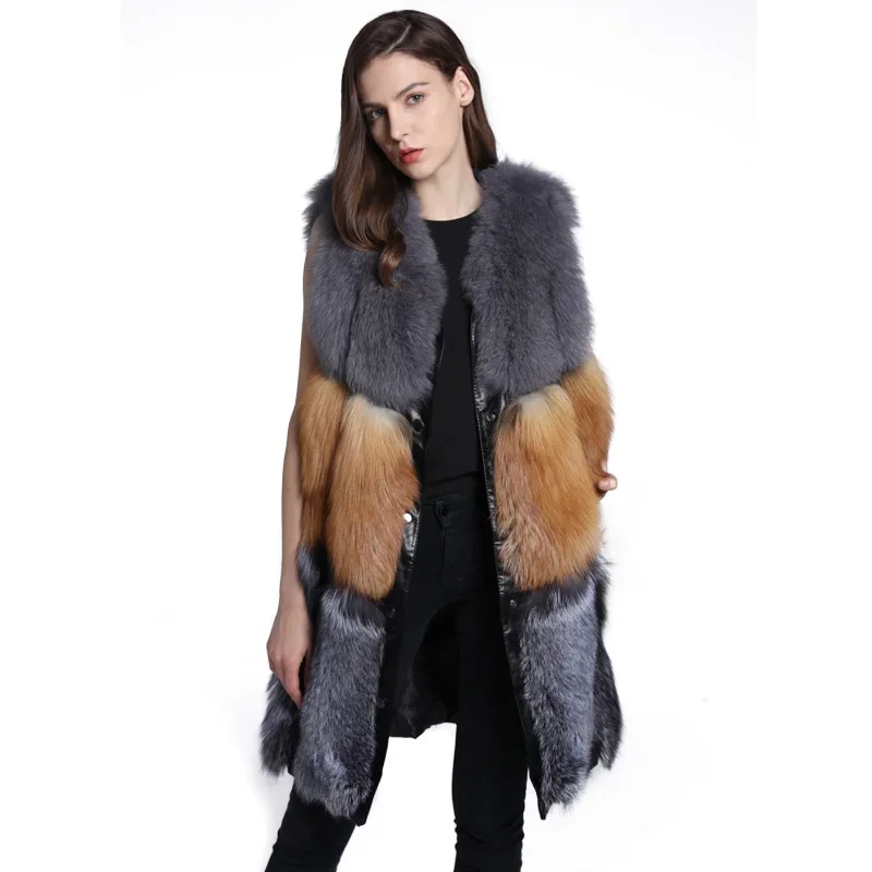 Fox Fur Long Fur Vest Coat Fashion Contrast Color Fur Coat Autumn and Winter New Trend