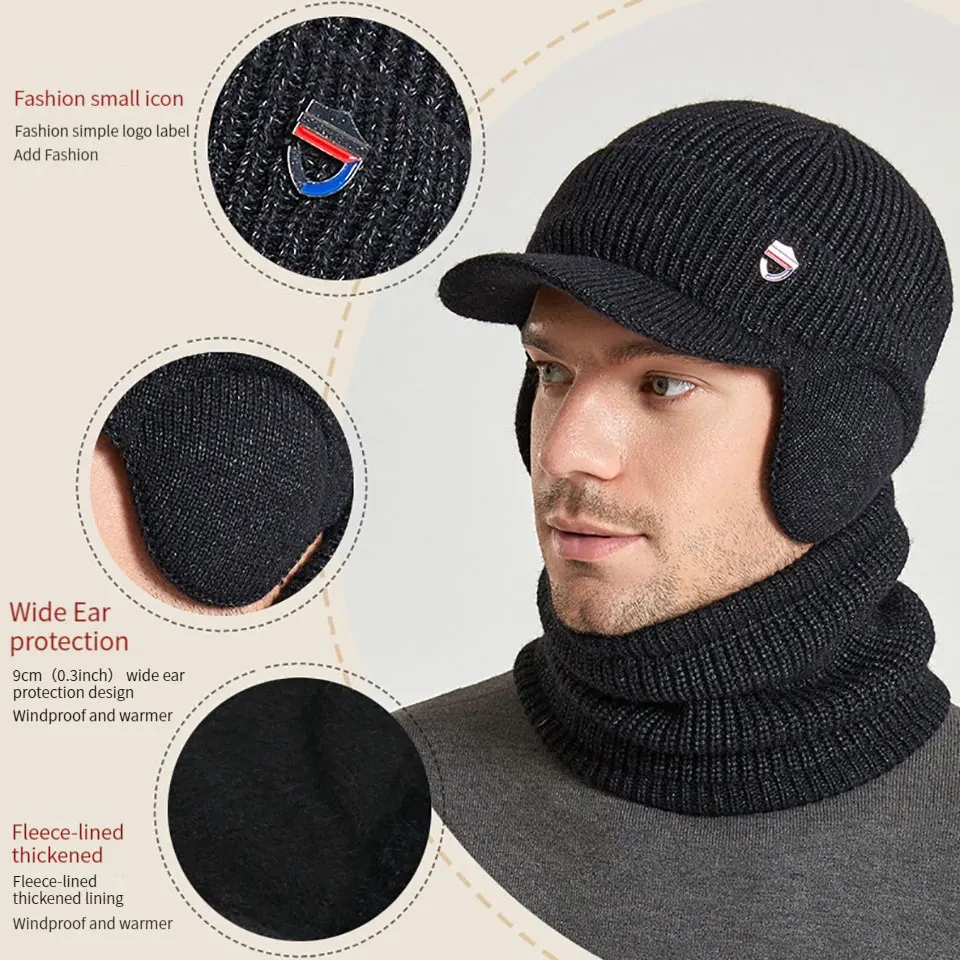 GETINFIT Winter Ear Protection Scarf 2-Piece Set Warm Ear Protection Hat Scarf Set With Velvet Yarn Hat Pullover Knitted