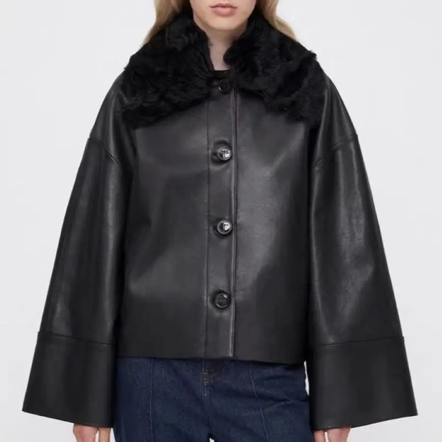 

Women Jacket Detachable Fur Collar Single Breasted Long Sleeve Female Fashion Faux Leather Coat